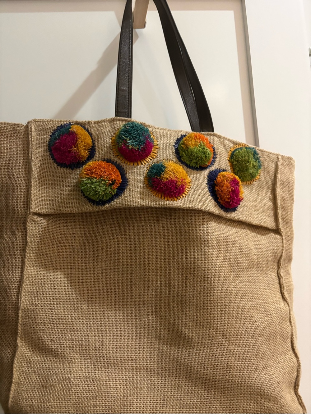 Beige Jute Tote with Multicolor Pom-Pom Accents